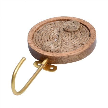 Round Brass Jute Woden Wall Hook
