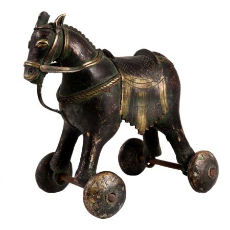 BrassÂ Horse Temple Toy With Four Wheels