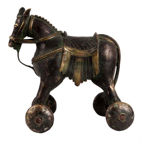 BrassÂ Horse Temple Toy With Four Wheels