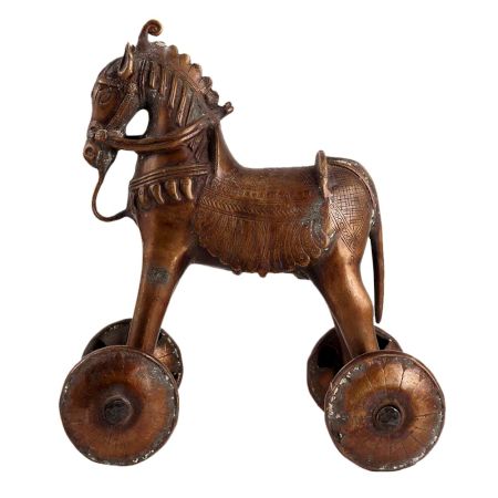 Traditional Brass Horse On Wheels Primitive Temple Toy