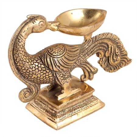 Deepak Oil Lamp Stand with Carved Peacock Figurine