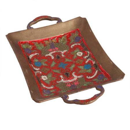Brass Red Enamel Floral Serving Tray