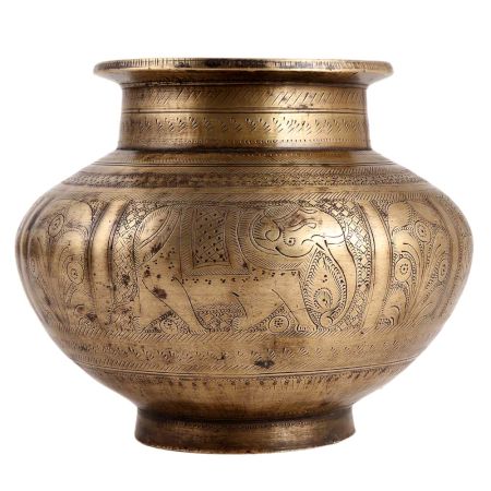 Brass Elephant And Floral Engraved Holy Water Pot