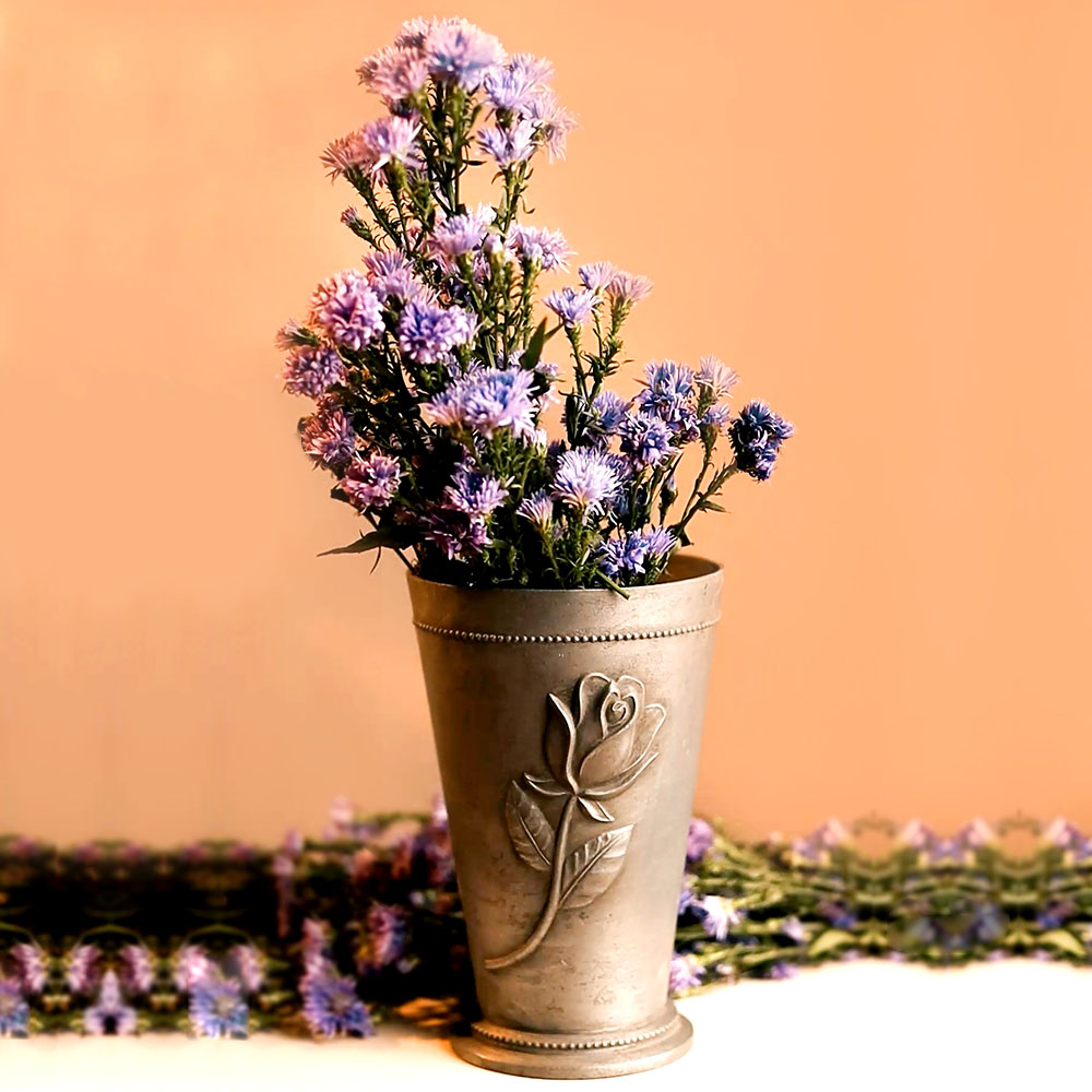 Mix Metal Rose Flower Embossed Mughlai Glass In Silver Finish