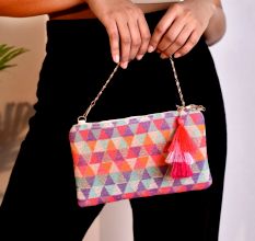 Geometric Multicolor Jacquard Fabric Zipper Sling Bag