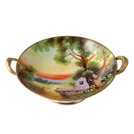 Hand-Painted Porcelain Nippon Landscape Bowl