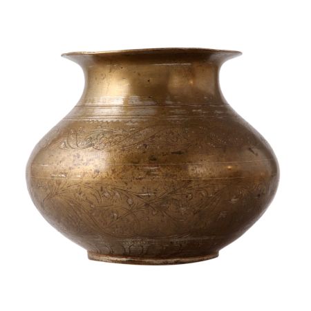 Antique Brass Pot With Floral Hand Carvings