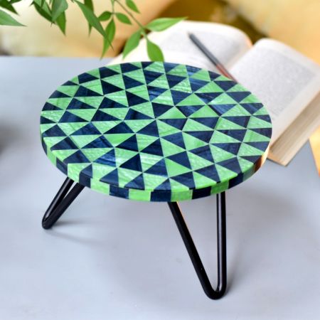 Green Chequered Wood And Resign Cake Stand Stool With  Iron Legs
