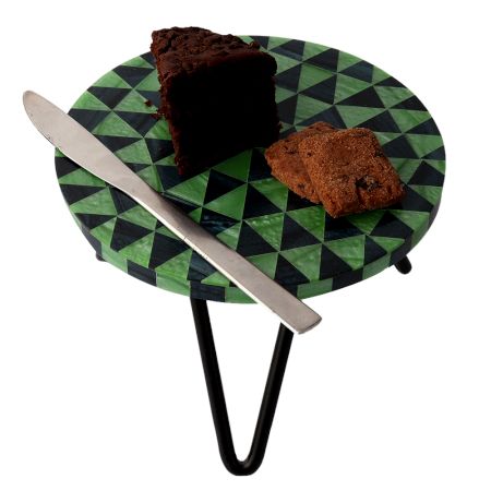 Green Chequered Wood And Resign Cake Stand Stool With  Iron Legs