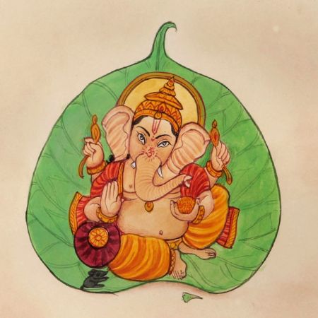 Ganesha On Peepal Leaf Paper Painting
