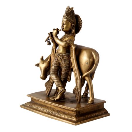 Brass statue of Fluting Krishna with His Cow