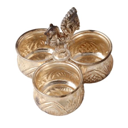 Brass Three Cup Brass Kumkum Holder In Silver Finish