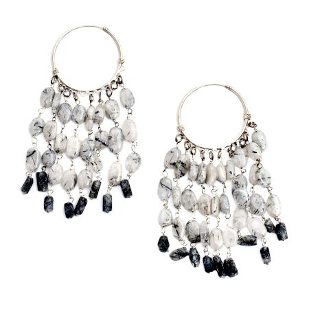 92.5 Sterling Silver Tribal Grey And White Beaded Hoop Earring