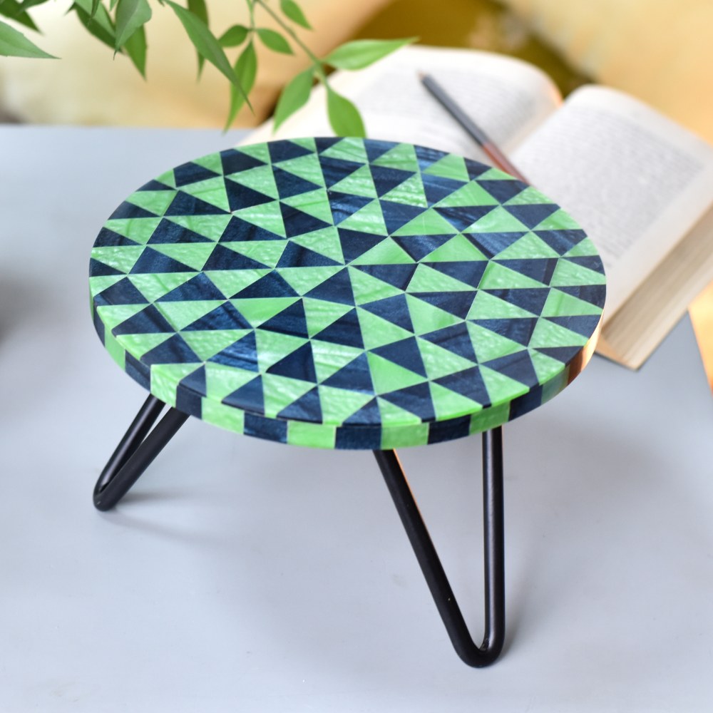 Green Chequered Wood And Resign Cake Stand Stool With Iron Legs