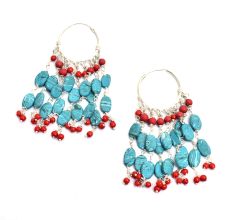 92.5 Sterling SilverÂ Turquoise and Red Bali Hoop Chandelier Earrings
