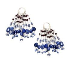 92.5 Sterling Silver Blue Beads Chandelier Hoop Earrings