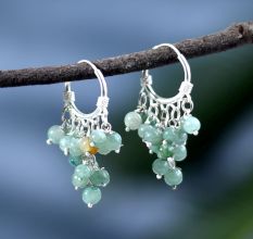 Round Green Onyx Beaded Hoop Earrings in 92.5 Sterling Silver