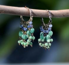 92.5 Sterling Silver Green Beads Hoop Layered Earring