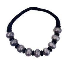 Big Silver Beads With Black Rope Design Necklace