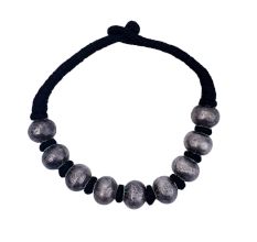 Big Silver Beads With Black Rope Design Necklace