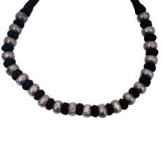 Tribal Black Thread and Oxidized Silver Bead Necklace