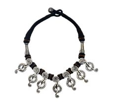 A Black Thread Cotton Dori Oxidised Silver Music Note Charm Necklace