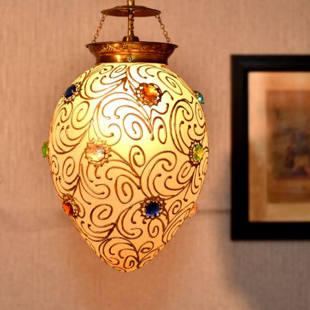 White and Gold Regency style hanging glass light fixture