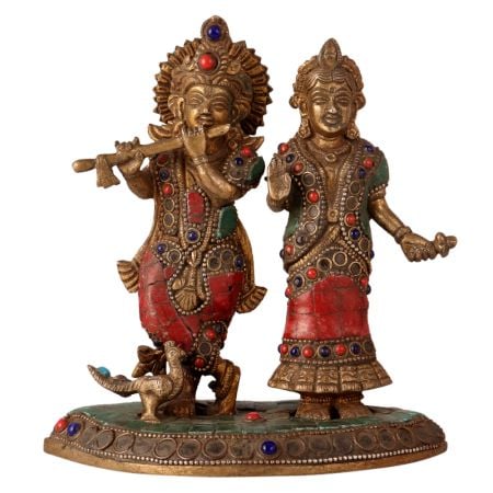 Holy Standing Radha Krishna Engraved with Colour Stones