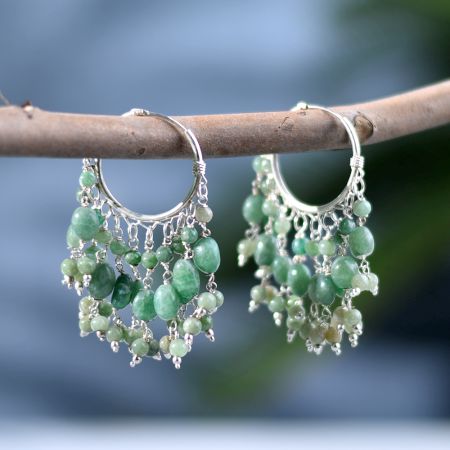 92.5 Sterling Silver Boho style Green Stone Hoop Earrings