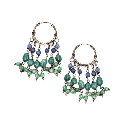 92.5 Sterling Silver Green Beads Hoop Layered Earring