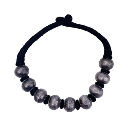 Big Silver Beads With Black Rope Design Necklace