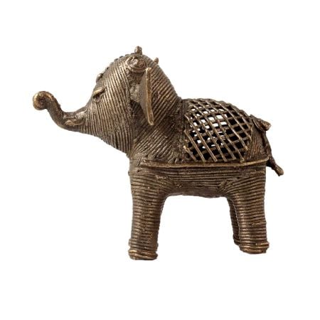Small Brass Elephant Statue in Tribal Folk Art