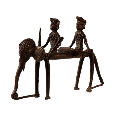 Brass Elephant Statue with 2 Riders in Tribal Art