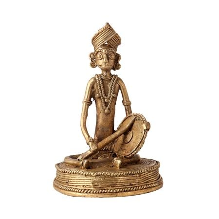 Traditional Brass Statue of Musician Playing Dafli
