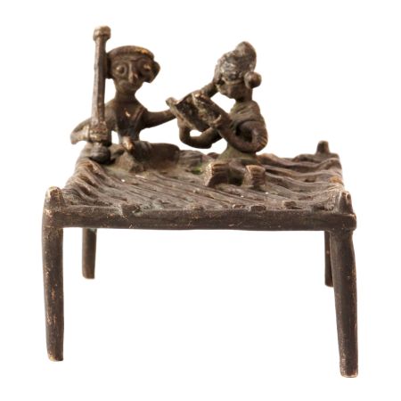 Brass Charpai with Tribal Couple Indian Figurines