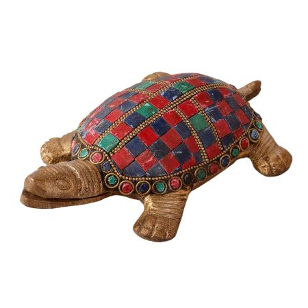 Brass Tortoise Statue With Colorful Stones