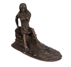 Vintage Brass Lady Seated on Cliff in English Art