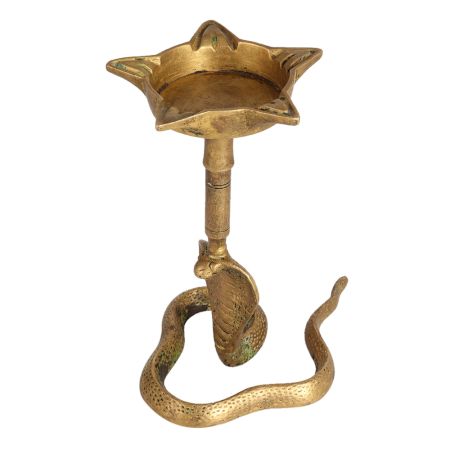 Vintage Cobra Lamp with 5 Jyots Made of Brass