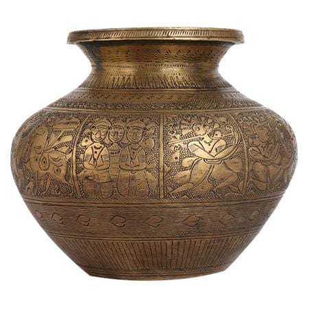 Traditional Brass Lota Water Pot with God Carvings