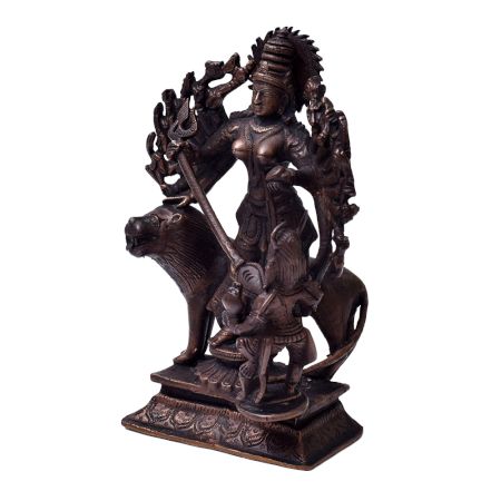 Copper Statue Of Goddess Durga Killing Mahishasur In Dark Finish
