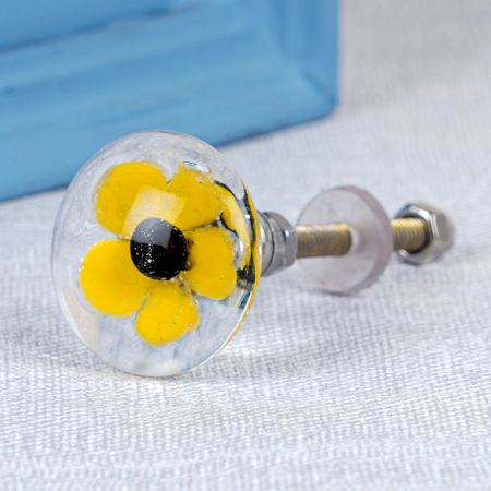 Yellow Flower Engraved Glass Dresser Knobs