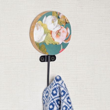 Multicolor Floral Pattern Round Wood and Resin Key Hooks