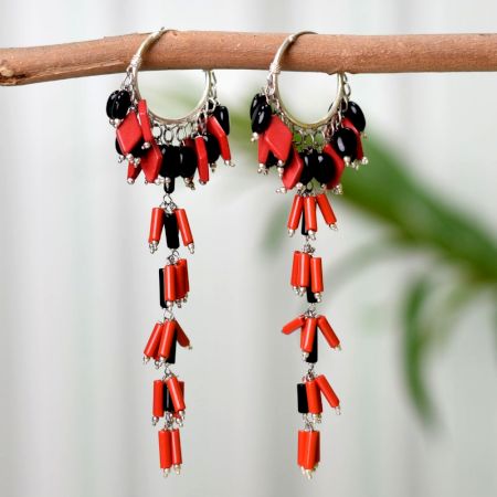 Red Black Beaded 92.5 Sterling Hoop Chandelier Drop Earrings