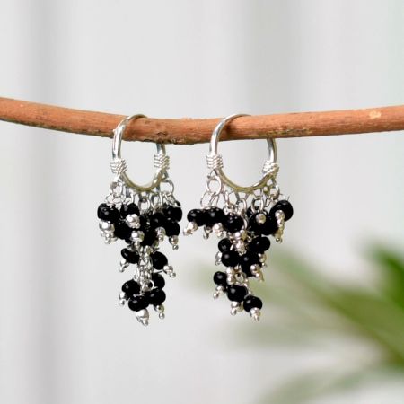 92.5 Sterling Silver and Black Onyx Hoop Earrings