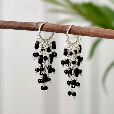 Gorgeous 92.5 Sterling Silver black beaded chandelier earrings
