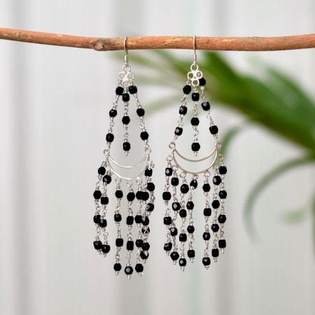 92.7 Sterling Silver Black Onyx Beaded  Chandelier Earrings For Women