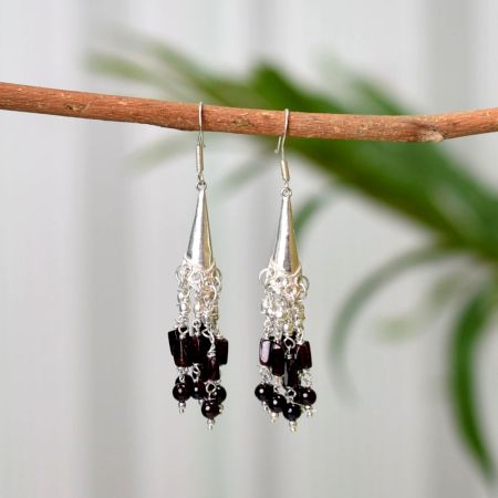 92.5 Sterling Silver Gypsy Earrings with Hanging Cluster Of Garnet beads