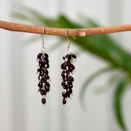 92.5 Sterling Silver With Garnet Beads Bunch Earrings