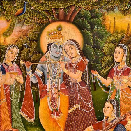 Radha Krishna Pichwai Painting with peacocks and Gopis