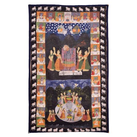Pichwai Painting Of Lord Krishna With Gopika peepal Trees Cows and Peacock On Fabric